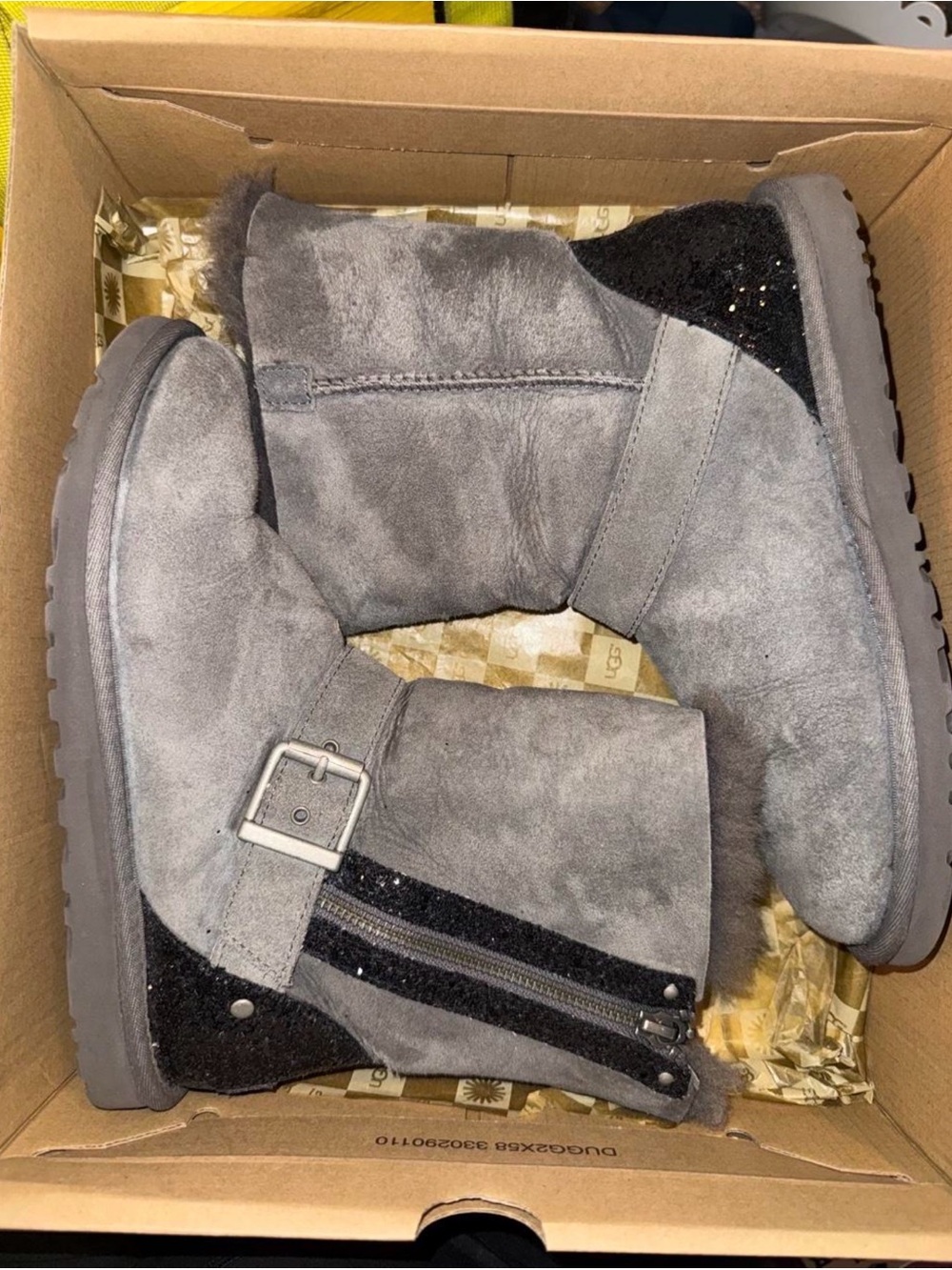 Women's Gray Ugg Winter Boots with Buckle and Sparkle Heel